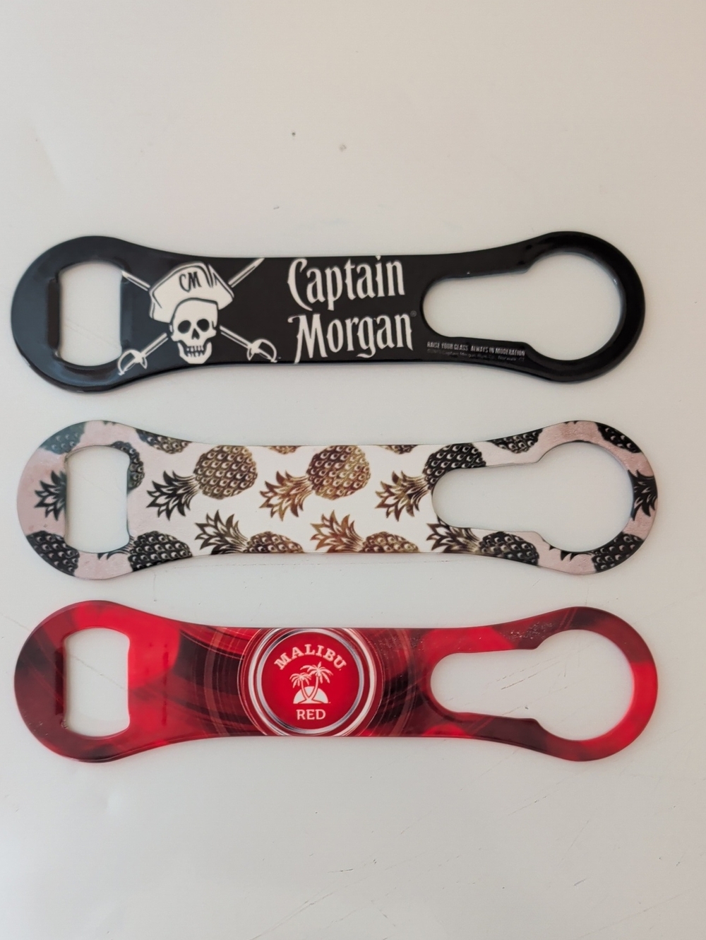 3 Metal Double-Ended Bottle Openers Set NWOT | Captain Morgan Malibu Pineapple